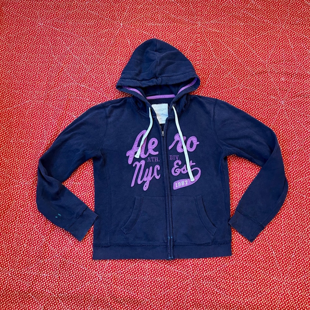 Aeropostale Womens Navy Blue Full Zip Hoodie Aero NYC Est 1987 Graphic L